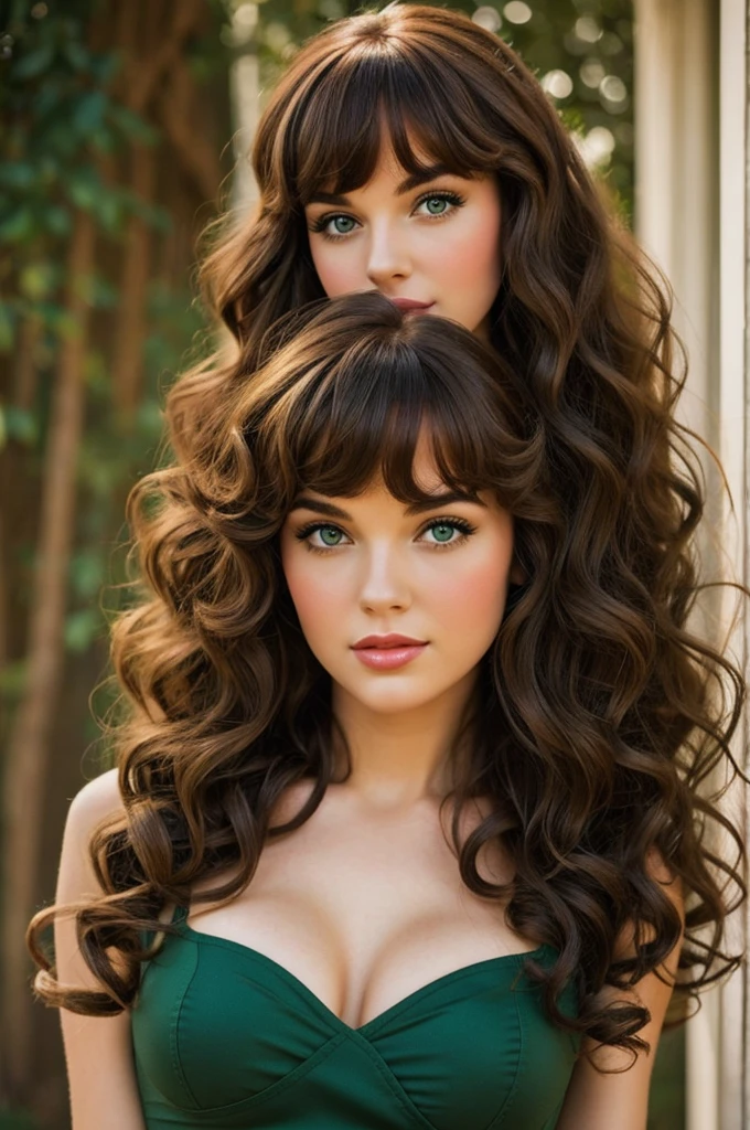 Woman with long curly brown hair with bangs and green eyes with a pin up style