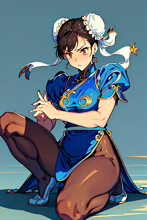 Chun-Li from Street Fight II,Chun-Li Costume,Blue Chinese dress with gold lines,Bunhead、Highest quality, Ultra-high resolution、,Diagonal bangs,Highest quality, alone, girl, Brown Hair, Muscular woman, Blue clothes, pantyhose, Pelvic Curtain, Puff short sleeves.
(((Both hands tied with thick rope。)))
(((On one knee。)))
(((Blue clothesは切り刻まれている。)))
Her breasts are peeking out from the crack。
((Bleeding from arms or legs。))
Crippling。
I'm somehow maintaining my posture。
If he gets hit with another blow, he will surely die.。
I am enduring the pain in a cold sweat。