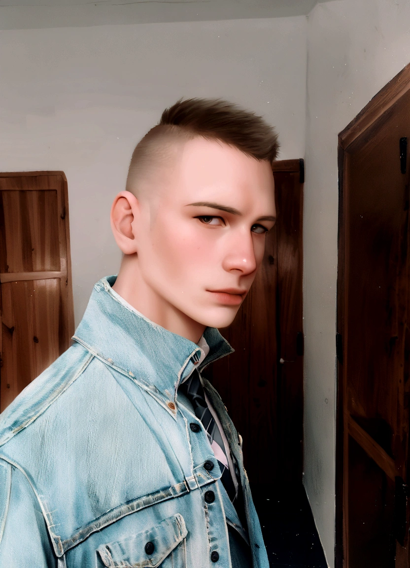 arafed man in a denim jacket and tie standing in a room, twitch streamer / gamer ludwig, around 1 9 years old, profile picture 1024px, daniil kudriavtsev, patryk hardziej, in style of kyrill kotashev, jakub rebelka, kacper niepokolczycki