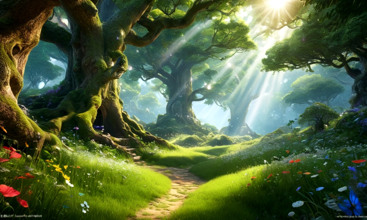 Mysterious Forest、Gentle sunlight through the trees、Fantastic tree々and beautiful sky、Fresh greenery、Lush forest leaves, grass and wildflowers、Delicious little fruit、Fairy dust floating in the air、Mysterious spheres of light flying around、The overall atmosphere is dreamy and tranquil.。Different world、Different dimension、Very realistic、Realistic、Surreal、masterpiece、Highest quality、High resolution、8K、3D Rendering、Depth of written boundary、