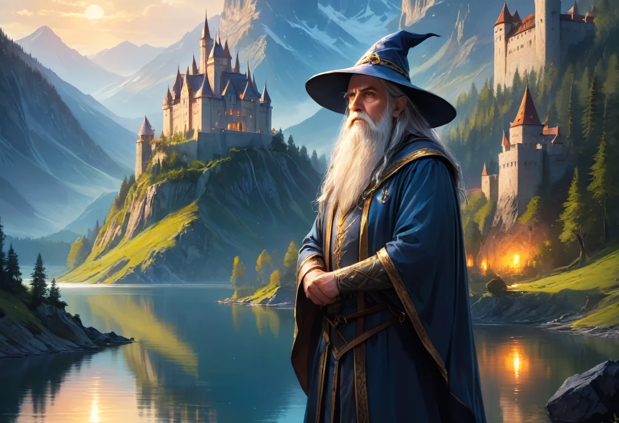 A fantasy art portrait of a powerful wizard looking across a lake at a mountain side castle.