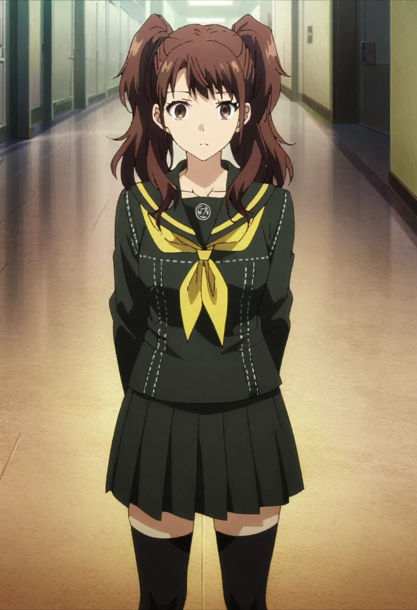 from front, upperbody,dsrise, brown hair, long hair, twintails, brown eyes, yasogami , serafuku, black thighhighs, 1girl, solo BREAK standing, school hallway, cinematic, game cg, anime screencap, official art, masterpiece, best quality