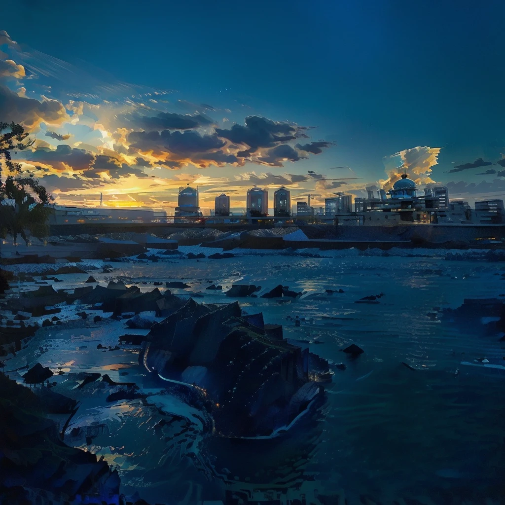 Arabian style view of a bridge over a body of water with the city in the background, golden and Blue Hour, Sigma 2.Shot at f1.0mm. 4, Blue Hour, Photo taken with Sony a7r, golden hour in tokyo, photography shot at Blue Hour, Blue Hour photography, color ( Sony a 7 r iv, Sunset Kanagawa Prefecture,beach,Rocky area