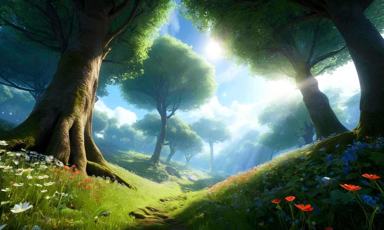 Mysterious Forest、Gentle sunlight filtering through the trees and blue skies、Lush forest leaves, grass and wildflowers、Delicious little fruit、Fairy dust floating in the air、Mysterious spheres of light flying around、The overall atmosphere is dreamy and tranquil.。Different world、Different dimension、Very realistic、Realistic、Surreal、masterpiece、Highest quality、High resolution、8K、3D Rendering、Depth of written boundary、