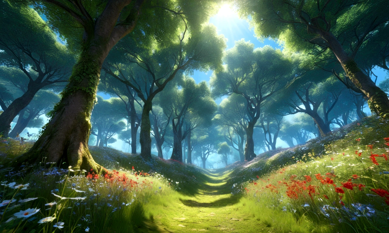 Mysterious Forest、Gentle sunlight filtering through the trees and blue skies、Lush forest leaves, grass and wildflowers、Delicious little fruit、Fairy dust floating in the air、Mysterious spheres of light flying around、The overall atmosphere is dreamy and tranquil.。Different world、Different dimension、Very realistic、Realistic、Surreal、masterpiece、Highest quality、High resolution、8K、3D Rendering、Depth of written boundary、