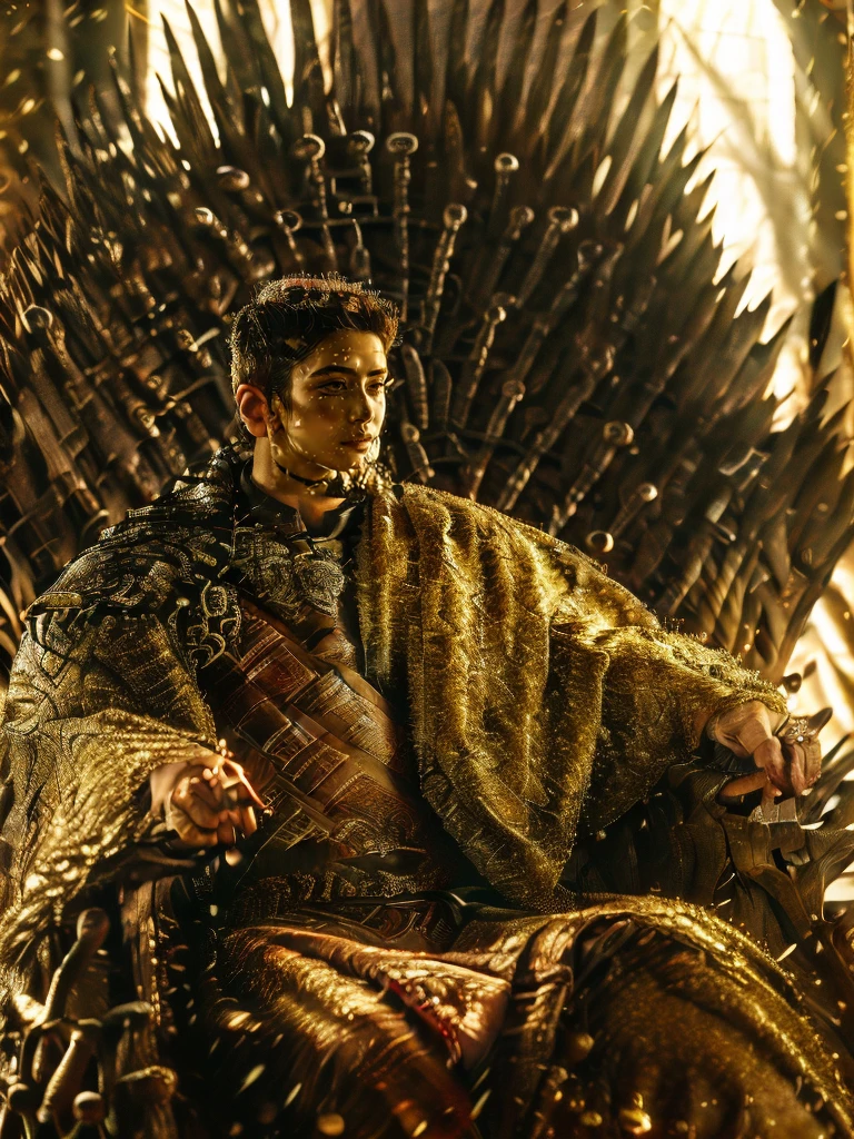 (8k, RAW photo, highly detailed,masterpiece, highest quality),rich colors,high contrast,film still,full shot body photo of the most beautiful artwork in the world,cinematic light,fantasy,black dress,sunlight,everywhere black roses,black rose,flowers,black flowers,the black cloud,exterior,depth of field,xuer Iron Throne,perfect hand,absurdres, crew cut, mature man, [slightly fat], asian man, brown eyes, rounded face, slightly balding, (big shoulders), (((stubbles, Short beard))), (((full beard))), (Beautiful eyes:1.3), (Detailed face:1.3), king costume, in the royal palace, throne, red king robe, a crown on his head, korean king, joseon dynasty,