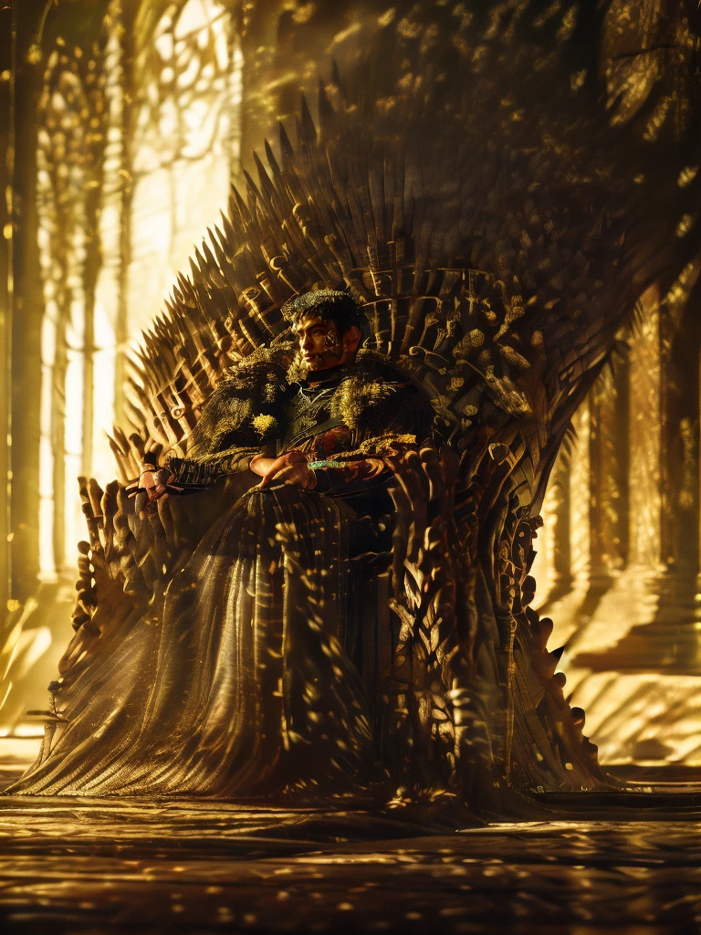 (8k, RAW photo, highly detailed,masterpiece, highest quality),rich colors,high contrast,film still,full shot body photo of the most beautiful artwork in the world,cinematic light,fantasy,black dress,sunlight,everywhere black roses,black rose,flowers,black flowers,the black cloud,exterior,depth of field,xuer Iron Throne,perfect hand,absurdres, crew cut, mature man, [slightly fat], asian man, brown eyes, rounded face, slightly balding, (big shoulders), (((stubbles, Short beard))), (((full beard))), (Beautiful eyes:1.3), (Detailed face:1.3), king costume, in the royal palace, throne, red king robe, a crown on his head, korean king, joseon dynasty,