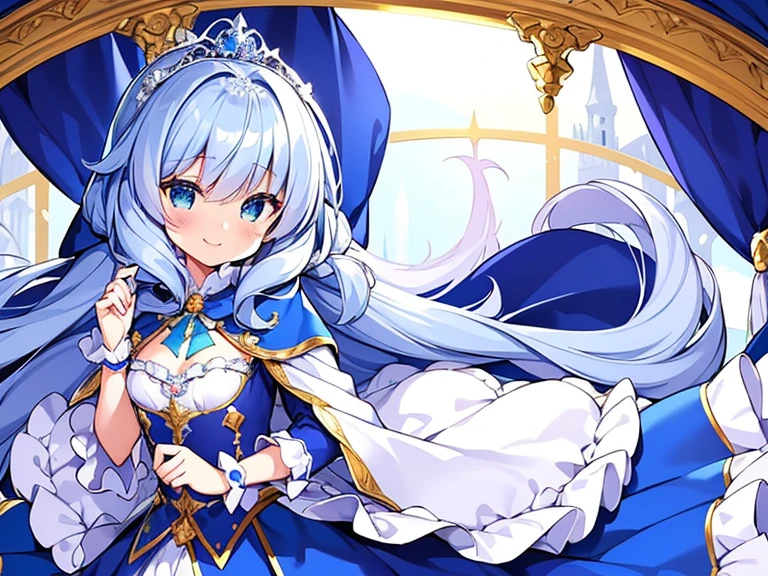 looking at viewer, upper body,(masterpiece),(best quality),(rococo style),(long train blue cape:1.15), very long cape,(long train white ball gown with flower decorations:1.1), a girl is wearing a cape over her gown, 1 little princess, tiara, smile, very long hair, small breasts