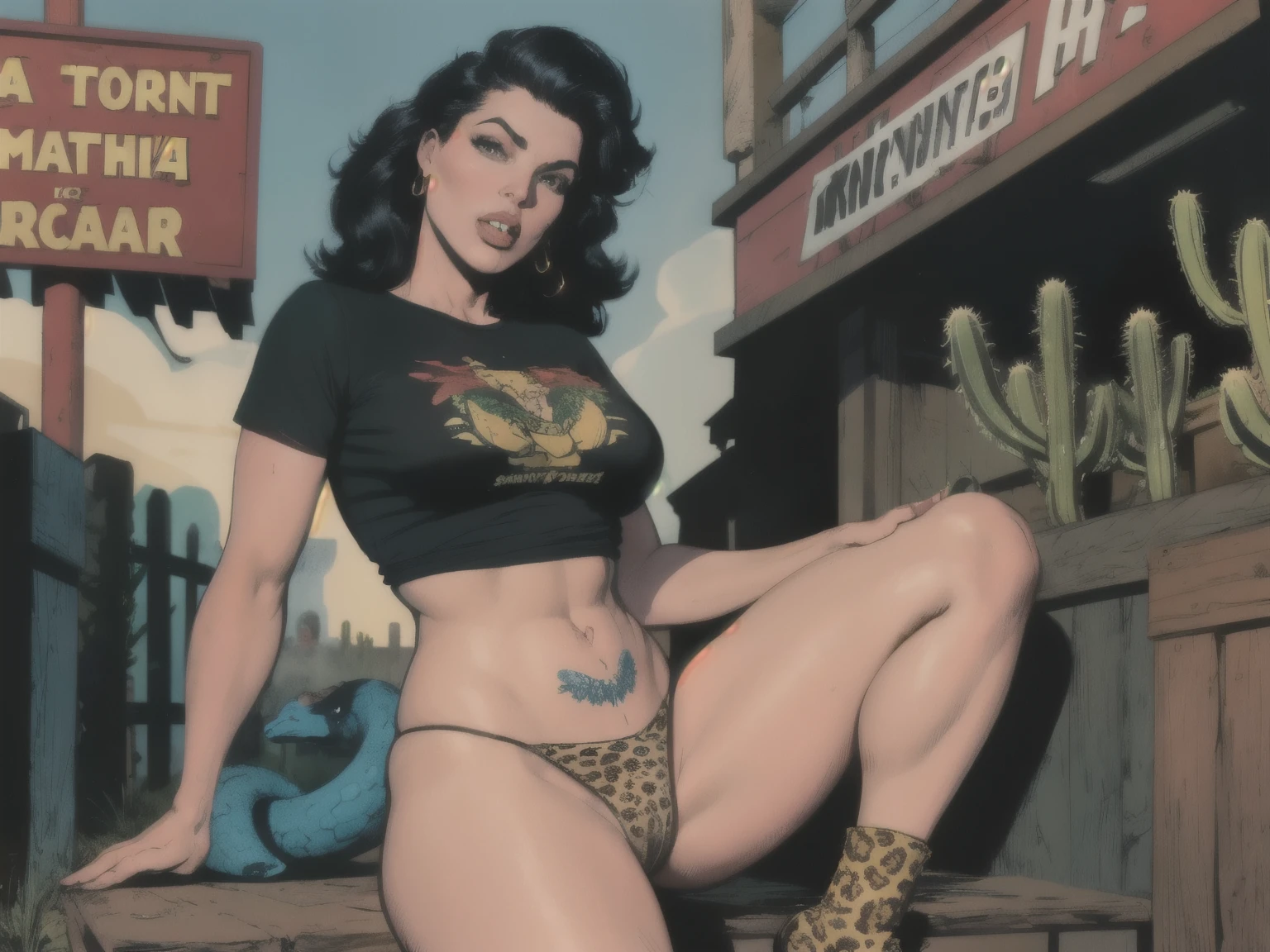 y Mexican girl, naughty teeot puta, dange senorita, wearing leopard print tights, sheer black t-shirt, teeny tiny pantexposed, outattoos, pet snake, in front of cantina, Mexican border town, tacos, Tecate Beer, beans, rice, avocados, sour cream dripping all over her fingers, cactus, scorpion, Spanish guitars, big blue sky, very erotic, by Frazetta, by Brlland, by Oscar Bazaldúa, by Rafael Gallur, by Elmer Batters, by Erioll, lurid vivid colors, soft cinematic lighting, retro, vintage, HD, 8x, intricate details, HIGH CONTRAST, fun and fiesta like, Mexican fumetti, comic book aesthetic, pantoes cover in sperm and semen, sperm and semen on s