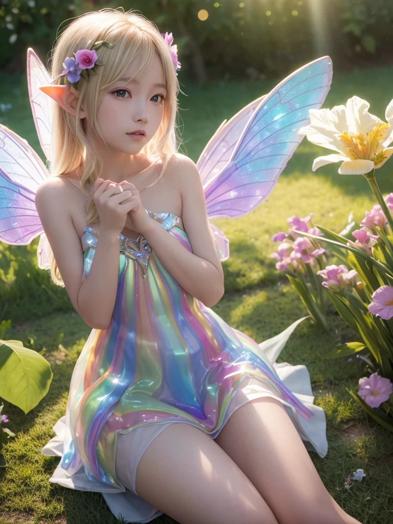 (A shining blonde fairy sitting on a flower (Elf)), Surrounded by colorful flowers, ((A girl with a pair of beautiful, transparent, shiny wings on her back.))、翼からShine鱗が飛ぶ, (A rainbow-colored dress that shines through the light), Wavelength dispersion, colored glaze, Multicolor prism effect, Rainbow Core, iris, Highly detailed background,Realistic,Ultra-detailed,Highly detailed skin,Shine,Film Grain,According to II,Lens flare,sharp,Shadows in the movie