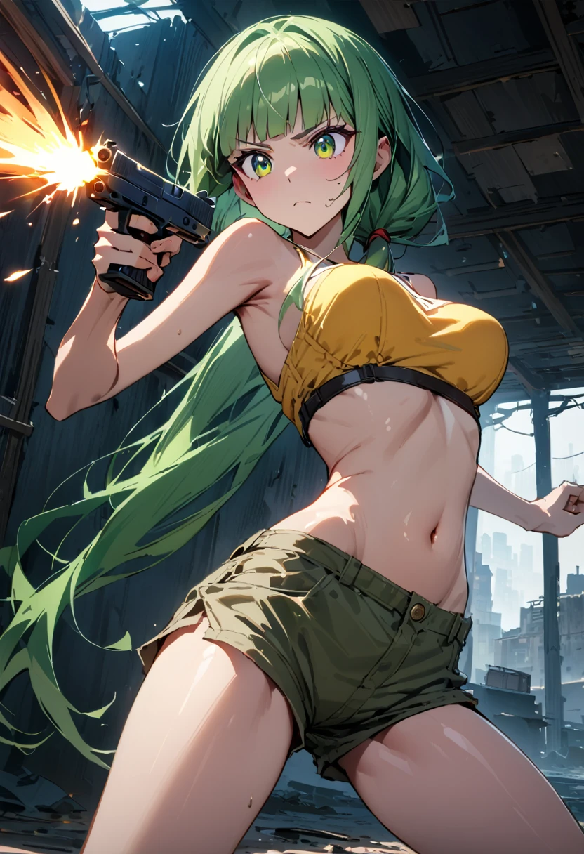Action Scenes、((masterpiece,Highest quality:1.3)),cowboy shot,1woman,30 year old beauty、Investigator、独奏,(very small head:1.3),green hair,(low ponytail),long hair,blunt bangs,green eyes,gorgeous eyes,Serious expression、medium breasts,(very long body:1.2),(toned body,slender body,skinny),gleaming skin,shiny skin,oily skin,Yellow tube top shirt、navel、Yellow micro shorts、A precisely rendered handgun in one hand、((Shoot a gun、Firing stance)),Run、Tracking、Inside an abandoned building、World of Blade Runner、