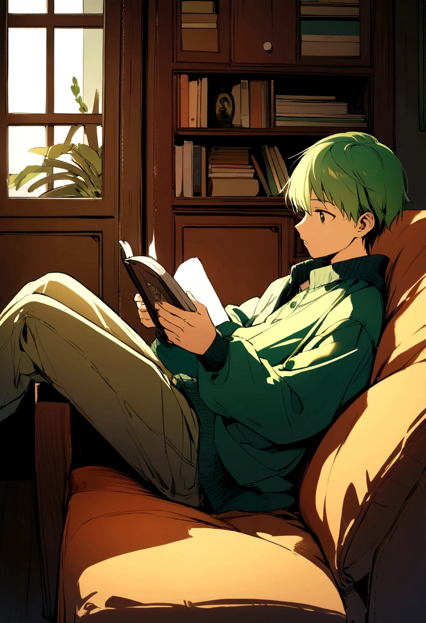 boy, 16 years, green hair, sitting on the couch, reading, in room