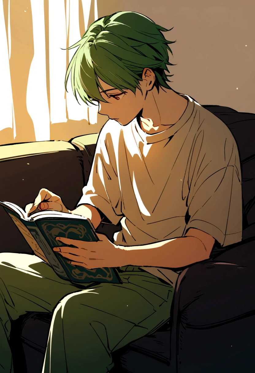 boy, 16 years, green hair, sitting on the couch, reading, in room