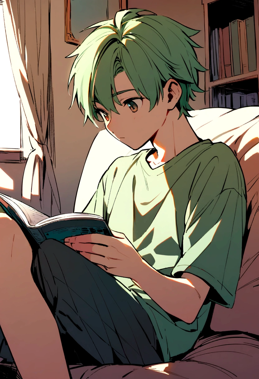 boy, 16 years, green hair, sitting on the couch, reading, in room