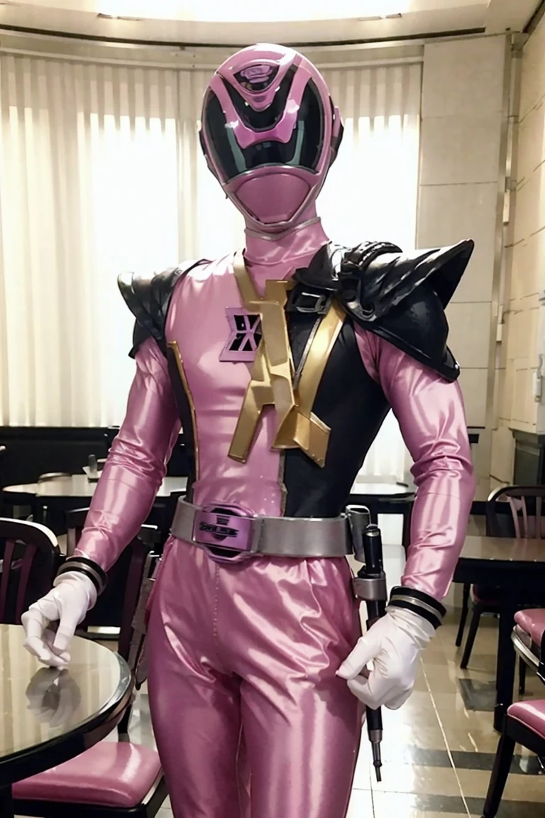Fantasy background, cafe rpg style, empty chair, table, set of tea glass, (power rangers)), One guy、, ((pink ranger suit)), chest armor with gold details, costume, Solo, ((fit figure)), (Anatomically correct), Cowboy shot, masked face, guns, muscular build