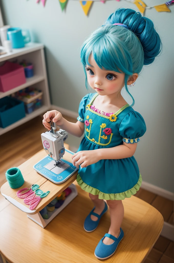 disney style character, 3d, sewing atelier, blue hair capri lime green dress small stature on a table embroidery machine and many colorful threads on the wall
