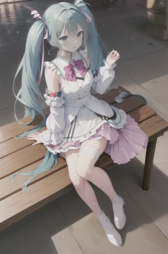 masterpiece, best quality, highres, nigormiku, heterorchrormia, aqua eyes, pink eyes, white skirt, sitting, table, bench, :or, orutdororrs, The background is made of colorful light particles.((must))