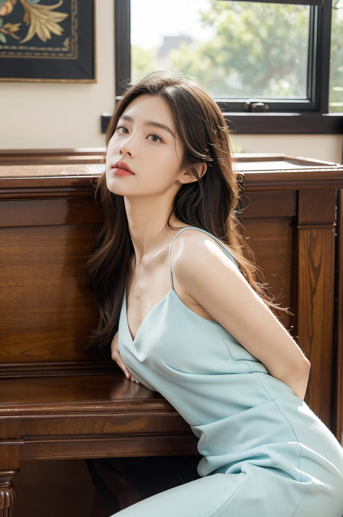 (((best quality))),(((ultra detailed))),(((masterpiece))),illustration,1girl,high school girl,solo,slim,thin,summer,sunshine,luxurious classroom,anticipation,beautiful,elegant,desk,college application form,sleeveless dress,light blue,summer sky,delicate floral pattern,shoulder length straight hair,sunlight,shimmering aura,fair skin,smooth skin,deep green eyes,luxury,plush leather chairs,richly patterned walls,state-of-the-art technology,open windows,summer breeze,freshly mown grass,distant bird songs,graceful movements,precise movements,serene face,focus,determination,dreams,aspirations,journey,fulfill academic goals,portrait,resilience,hope,future,courage,confidence,from back,upper body,bare back,towering hips,butt crack