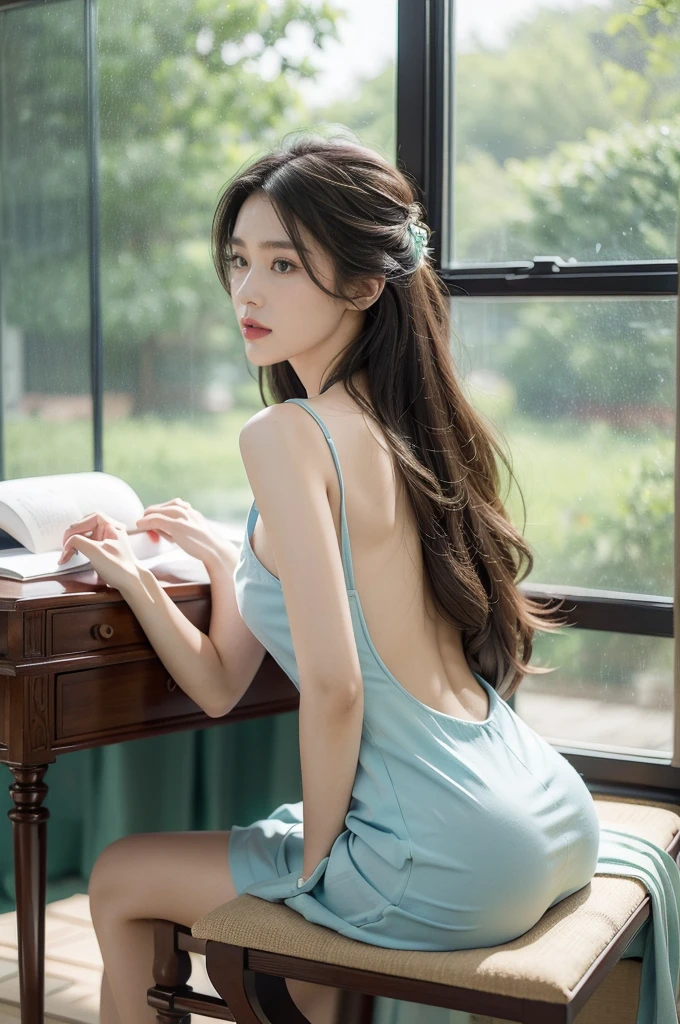 (((best quality))),(((ultra detailed))),(((masterpiece))),illustration,1girl,high school girl,solo,slim,thin,summer,sunshine,luxurious classroom,anticipation,beautiful,elegant,desk,college application form,sleeveless dress,light blue,summer sky,delicate floral pattern,shoulder length straight hair,sunlight,shimmering aura,fair skin,smooth skin,deep green eyes,luxury,plush leather chairs,richly patterned walls,state-of-the-art technology,open windows,summer breeze,freshly mown grass,distant bird songs,graceful movements,precise movements,serene face,focus,determination,dreams,aspirations,journey,fulfill academic goals,portrait,resilience,hope,future,courage,confidence,from back,upper body,bare back,towering hips,butt crack