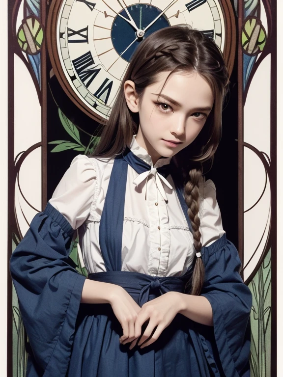 masterpiece, Highest quality, Very detailed, 16K, Ultra-high resolution, Cowboy Shot, Alice in Wonderland, (art nouveau:1.4), 10-year-old girl, Detailed face, smile, blue eyes, blonde, Braiding, Long Hair, ponytail, Ribbon on head, Blue clothes, Plain white apron, 大きなclockのある部屋で, clock, 壁clock, Music Box