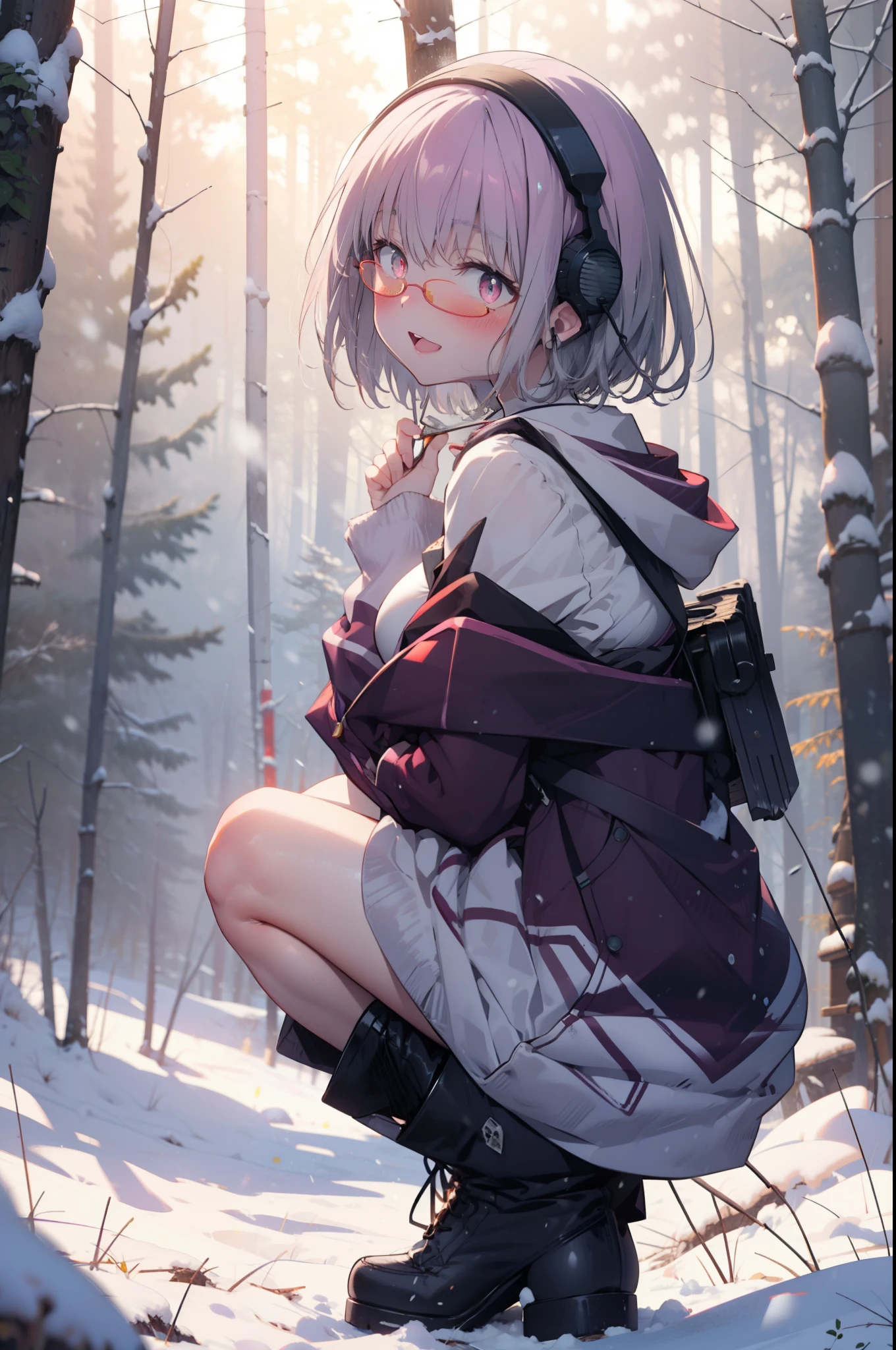 akaneshinjou, shinjou akane, Light purple hair, (Pink Eyes:1.2), short hair,Akagi Glasses,hair band,smile,blush,White Breath,Big Breasts,
Open your mouth,snow,Ground bonfire, Outdoor, boots, snowing, From the side, wood, suitcase, Cape, Blurred, having meal, forest, White handbag, nature, Squat, Mouth closed, Cape, winter, Written boundary depth, Black shoes, red Cape break looking at viewer, Upper Body, whole body, break Outdoor, forest, nature, break (masterpiece:1.2), Highest quality, High resolution, unity 8k wallpaper, (shape:0.8), (Beautiful and beautiful eyes:1.6), Highly detailed face, Perfect lighting, Highly detailed CG, (Perfect hands, Perfect Anatomy),