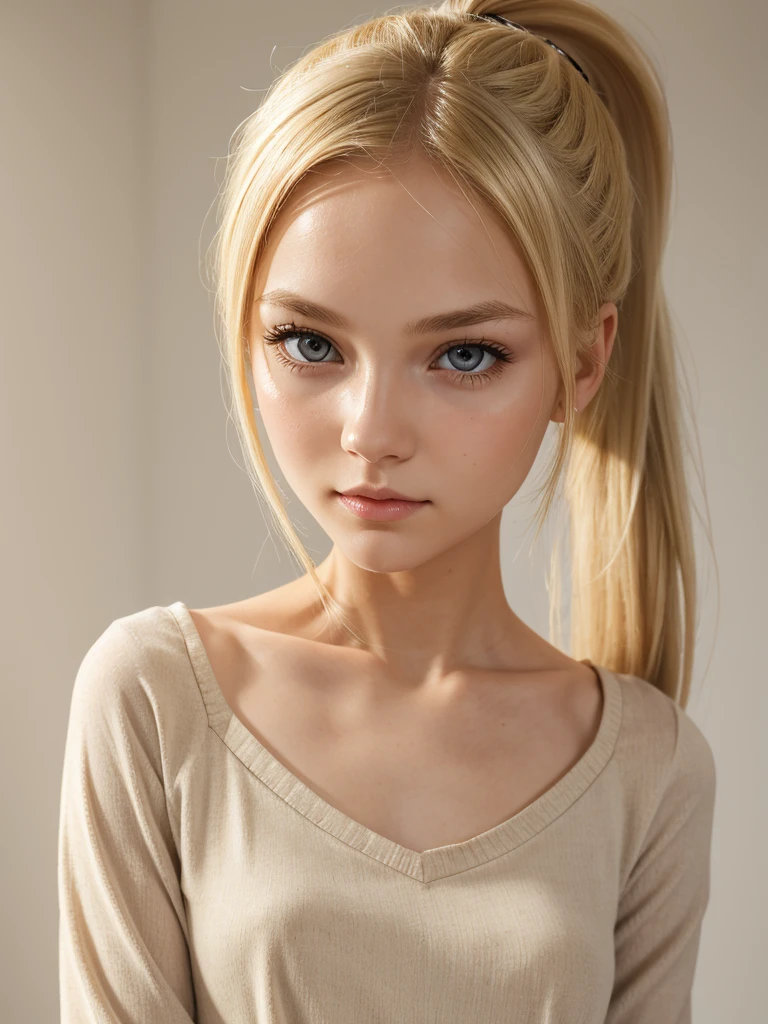 (best quality), 1girl, female, porcelain skin, blonde hair, straight hair, medium hair, ponytail, swoopy tips, Flipped-up ends, brown eyes, perfect eyes, slender, cute clothes, small bust, shy, masterpiece, anatomically correct, highres
