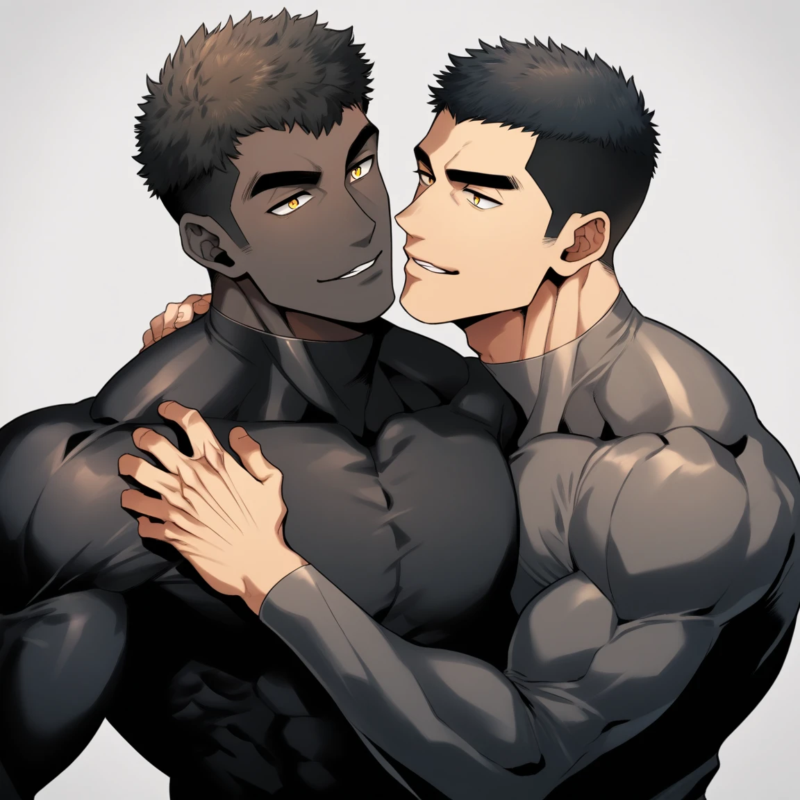 anime characters：Two superheroes in tights, Muscle superhero, negro black skin, They hugged and kissed each other, Bite your neck, Caress, Manliness, male focus, Yellow and black high collar long sleeve tight T-shirt, Slightly transparent material, Very tight, Round, full and perky chest muscles, Male dog waist, Slightly transparent, muscular male, muscular, only, Upper body, alone, Black short hair, Thick eyebrows, stubble, Yellow eyes, Grey background, simple background, amazing quality, best aesthetics, Ridiculous, bright pupils, crew cut, parted lips, seductive smile, torogao, naughty face, drop shadow, best quality