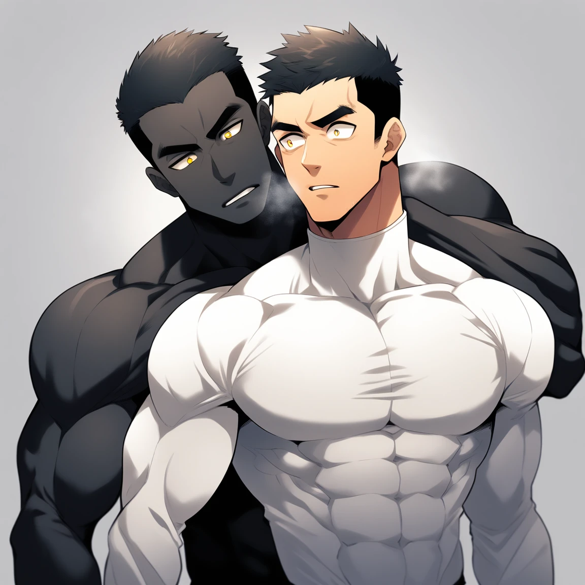 aanime characters:Two superheroes in tights, Muscle superhero, Black Short Hair, negro black skin, They hugged and kissed each other, Bite your neck, Caress, Manliness, male focus, Yellow and black high collar long sleeve tight T-shirt, Slightly transparent material, Very tight, Round, full and perky chest muscles, Muscle waist, Slightly transparent, muscular male, muscular, only, Upper body, alone, Black Short Hair, Thick eyebrows, stubble, Yellow eyes, Grey background, simple background, amazing quality, best aesthetics, Ridiculous, bright pupils, crew cut, parted lips, heavy breathing, pain, horrified, drop shadow, best quality