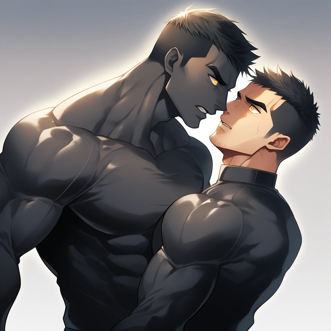 aanime characters：Two superheroes in tights, Muscle superhero, Black Short Hair, negro black skin, They hugged and kissed each other, Bite your neck, Caress, Manliness, male focus, Yellow and black high collar long sleeve tight T-shirt, Slightly transparent material, Very tight, Round, full and perky chest muscles, Muscle waist, Slightly transparent, muscular male, muscular, only, Upper body, alone, Black Short Hair, Thick eyebrows, stubble, Yellow eyes, Grey background, simple background, amazing quality, best aesthetics, Ridiculous, bright pupils, crew cut, parted lips, heavy breathing, pain, horrified, drop shadow, best quality