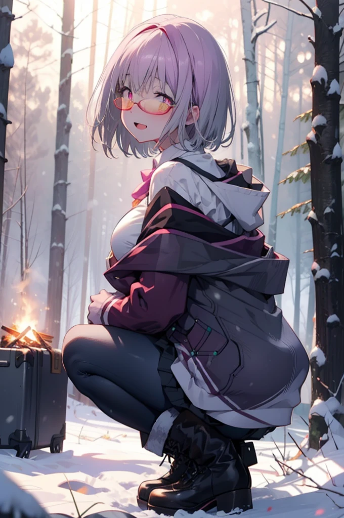akaneshinjou, shinjou akane, Light purple hair, (Pink Eyes:1.2), short hair,Akagi Glasses,hair band,smile,blush,White Breath,Big Breasts,
Open your mouth,snow,Ground bonfire, Outdoor, boots, snowing, From the side, wood, suitcase, Cape, Blurred, having meal, forest, White handbag, nature, Squat, Mouth closed, Cape, winter, Written boundary depth, Black shoes, red Cape break looking at viewer, Upper Body, whole body, break Outdoor, forest, nature, break (masterpiece:1.2), Highest quality, High resolution, unity 8k wallpaper, (shape:0.8), (Beautiful and beautiful eyes:1.6), Highly detailed face, Perfect lighting, Highly detailed CG, (Perfect hands, Perfect Anatomy),