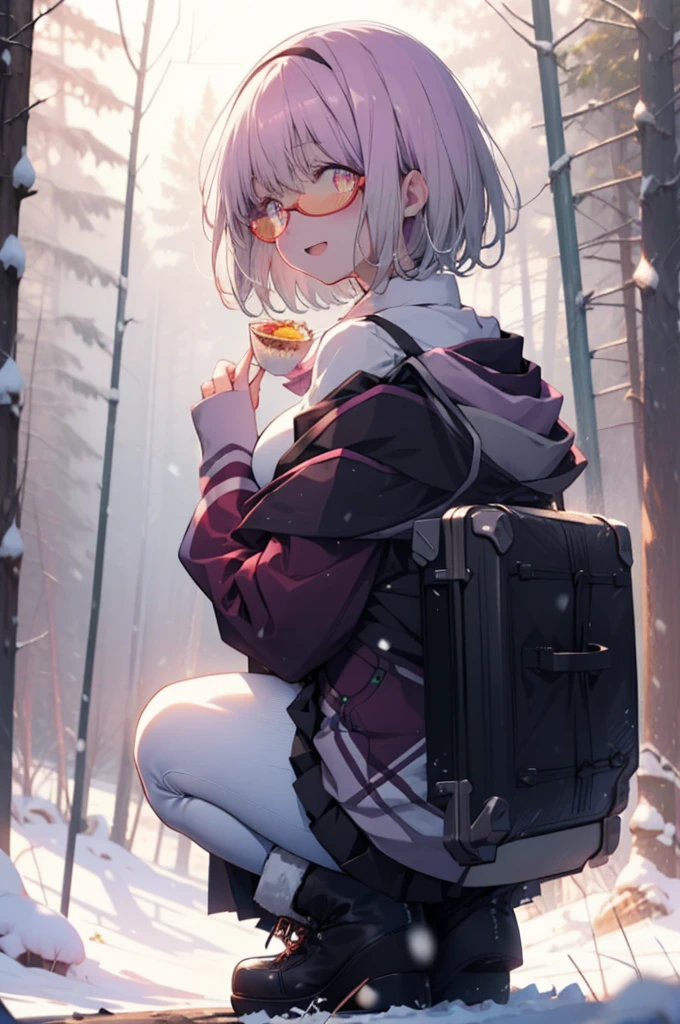 akaneshinjou, shinjou akane, Light purple hair, (Pink Eyes:1.2), short hair,Akagi Glasses,hair band,smile,blush,White Breath,Big Breasts,
Open your mouth,snow,Ground bonfire, Outdoor, boots, snowing, From the side, wood, suitcase, Cape, Blurred, having meal, forest, White handbag, nature,  Squat, Mouth closed, Cape, winter, Written boundary depth, Black shoes, red Cape break looking at viewer, Upper Body, whole body, break Outdoor, forest, nature, break (masterpiece:1.2), Highest quality, High resolution, unity 8k wallpaper, (shape:0.8), (Beautiful and beautiful eyes:1.6), Highly detailed face, Perfect lighting, Highly detailed CG, (Perfect hands, Perfect Anatomy),