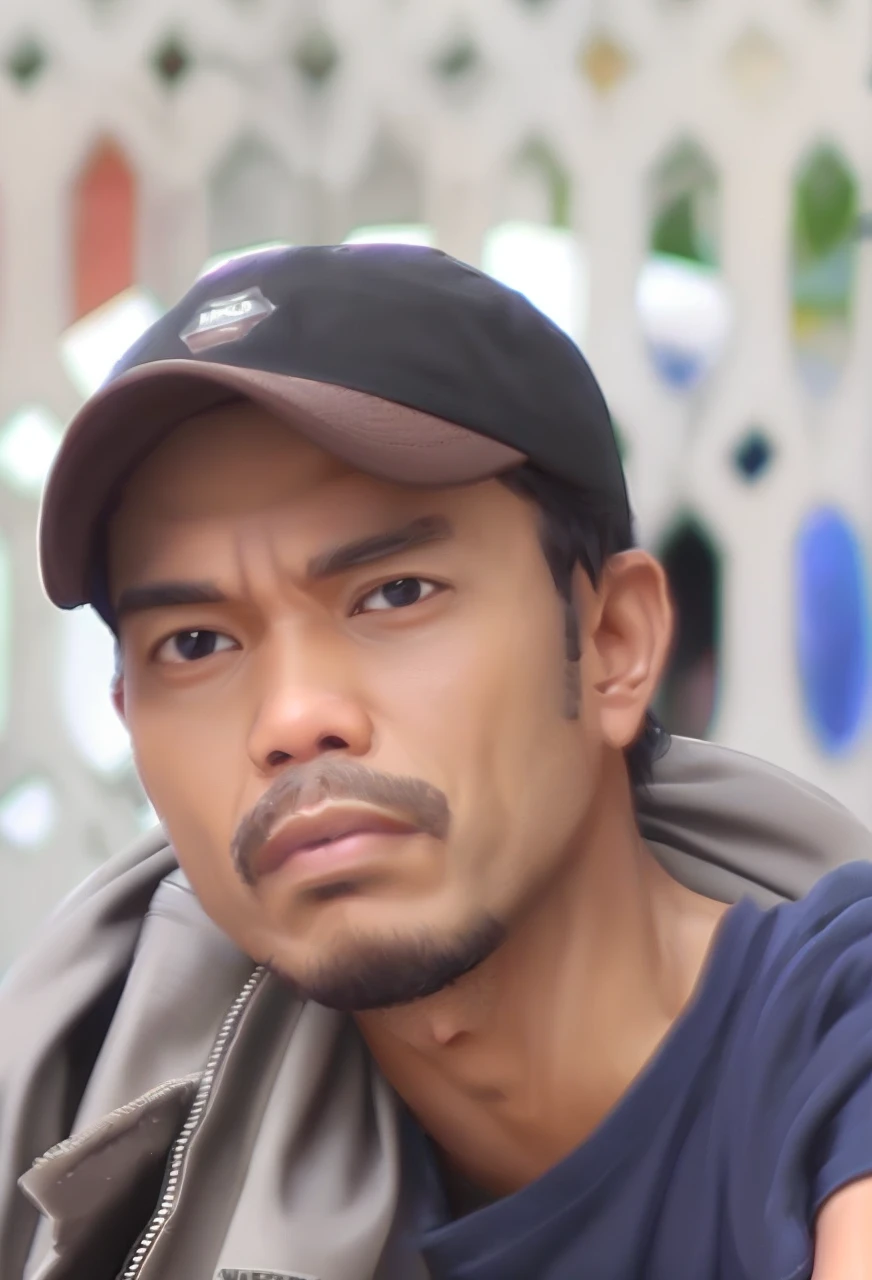 Create a caricature 4D hyperrealistic of an Indonesian man aged 35yo, clean face, wearing white clothes, cargo pants, flip-flops, standing at the top of the tallest building while holding the camera man's hand. next to it there is a board with the text "PLEASE HELP". Beautiful city background, shot from above, fish eye lens