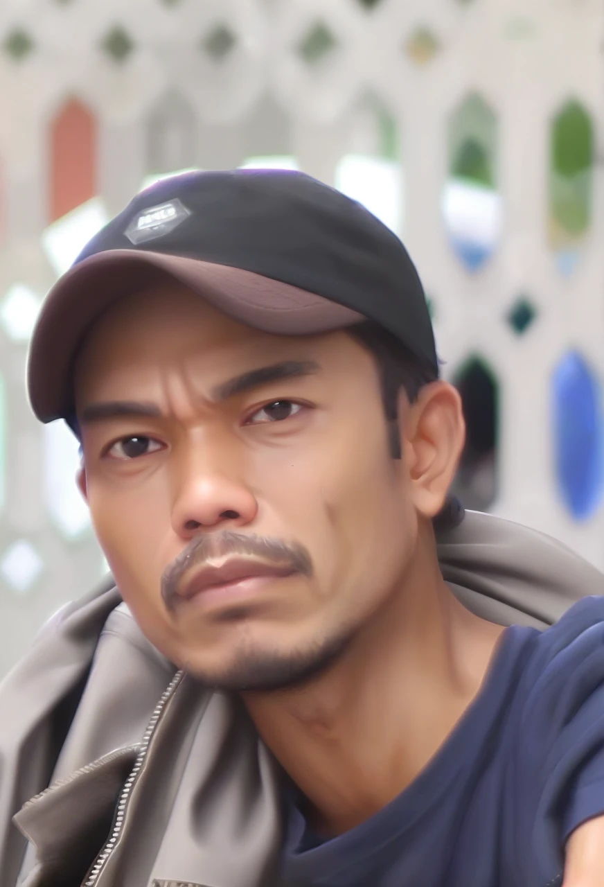 Create a caricature 4D hyperrealistic of an Indonesian man aged 35yo, clean face, wearing white clothes, cargo pants, flip-flops, standing at the top of the tallest building while holding the camera man's hand. next to it there is a board with the text "PLEASE HELP". Beautiful city background, shot from above, fish eye lens