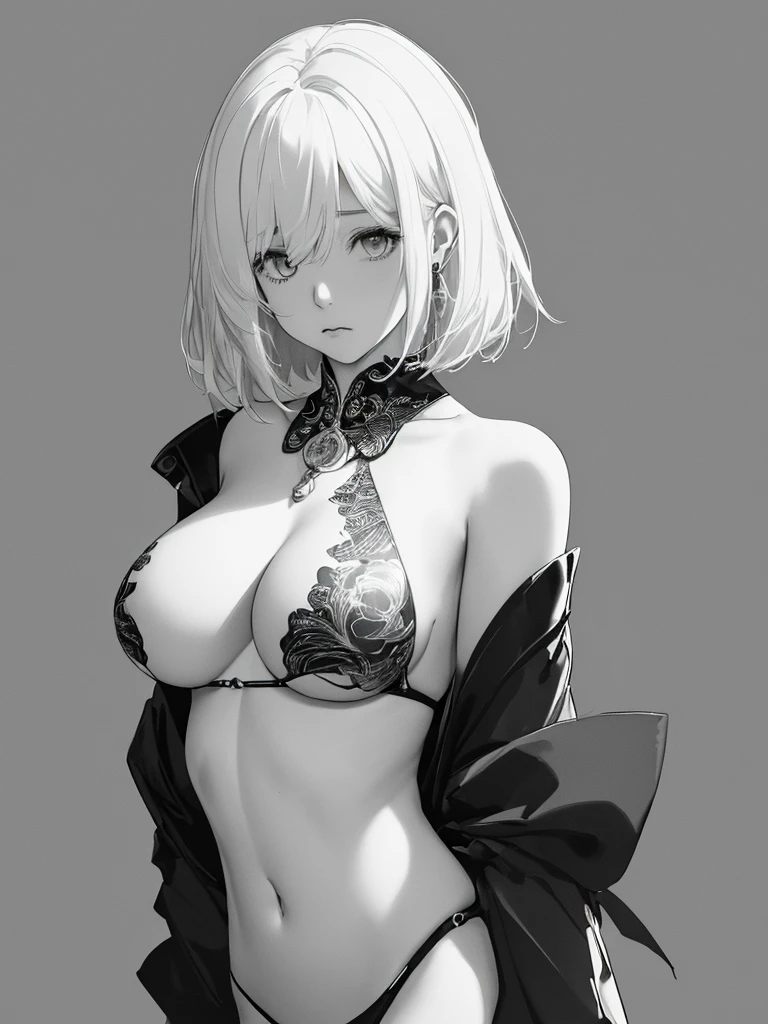 ((monochrome))(Image from chest up:1.4)((masterpiece:1.5,Highest quality,Beautiful images、Sketch、2.5D、Ink Painting、Abstract、Artistic、Portraiture))(1girl, 独奏)(medium breasts, underboob, white hair、bob hair)(横顔のPortraiture,Straight ahead、take your eyes away from here、Shake your head、A sad expression, floating hair)(Plain background)from side,side face