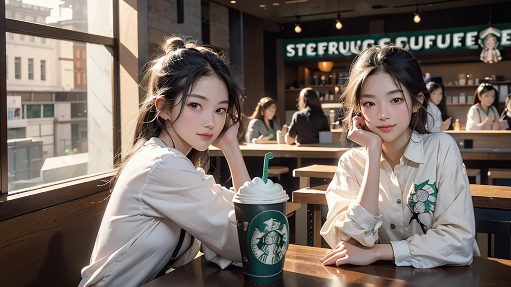 8K、RAW Photos、Highest quality、Super detailed、Super Resolution、Ultra HD、8K壁紙、Amazing details
(((Inside the Starbucks store)))、Woman sitting at a table by the window、16-year-old girl、((((Girls' High School Uniforms))))、(((Eat cake、Drink coffee、smile)))(((Emphasize cleavage)))