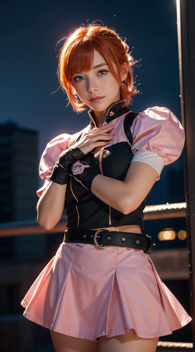 One girl,Cowboy Shot, Beautiful Nora_Valkyrie, View your viewers, smile, short hair, blue eyes,Heart Cutout, gloves, Jacket, Pink Skirt, Pink Belt, Short sleeve, Puffy sleeves, Wrist Seal, fingerless gloves, Orange Hair, pink gloves, Dynamic pose, night, Outdoor, city, (Volumetric lighting), Highest quality, masterpiece, Intricate details, Tone Mapping, Sharp focus, Super detailed, Trending on Art Station,