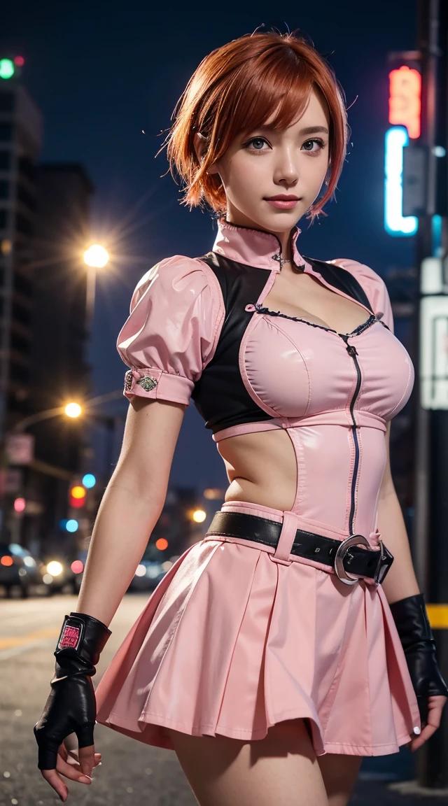 One girl,Cowboy Shot, Beautiful Nora_Valkyrie, View your viewers, smile, short hair, blue eyes,Heart Cutout, gloves, Jacket, Pink Skirt, Pink Belt, Short sleeve, Puffy sleeves, Wrist Seal, fingerless gloves, Orange Hair, pink gloves, Dynamic pose, night, Outdoor, city, (Volumetric lighting), Highest quality, masterpiece, Intricate details, Tone Mapping, Sharp focus, Super detailed, Trending on Art Station,