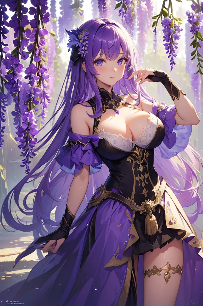 ((masterpiece, Highest quality)), High resolution, 8K, Cinematic Light, High Contrast, Written boundary depth, Strong brilliance, Detailed Background, One Girl, cute, Fine grain, Eyes sparkling, Detailed Iris, (Wisteria flower motif)
Big Breasts