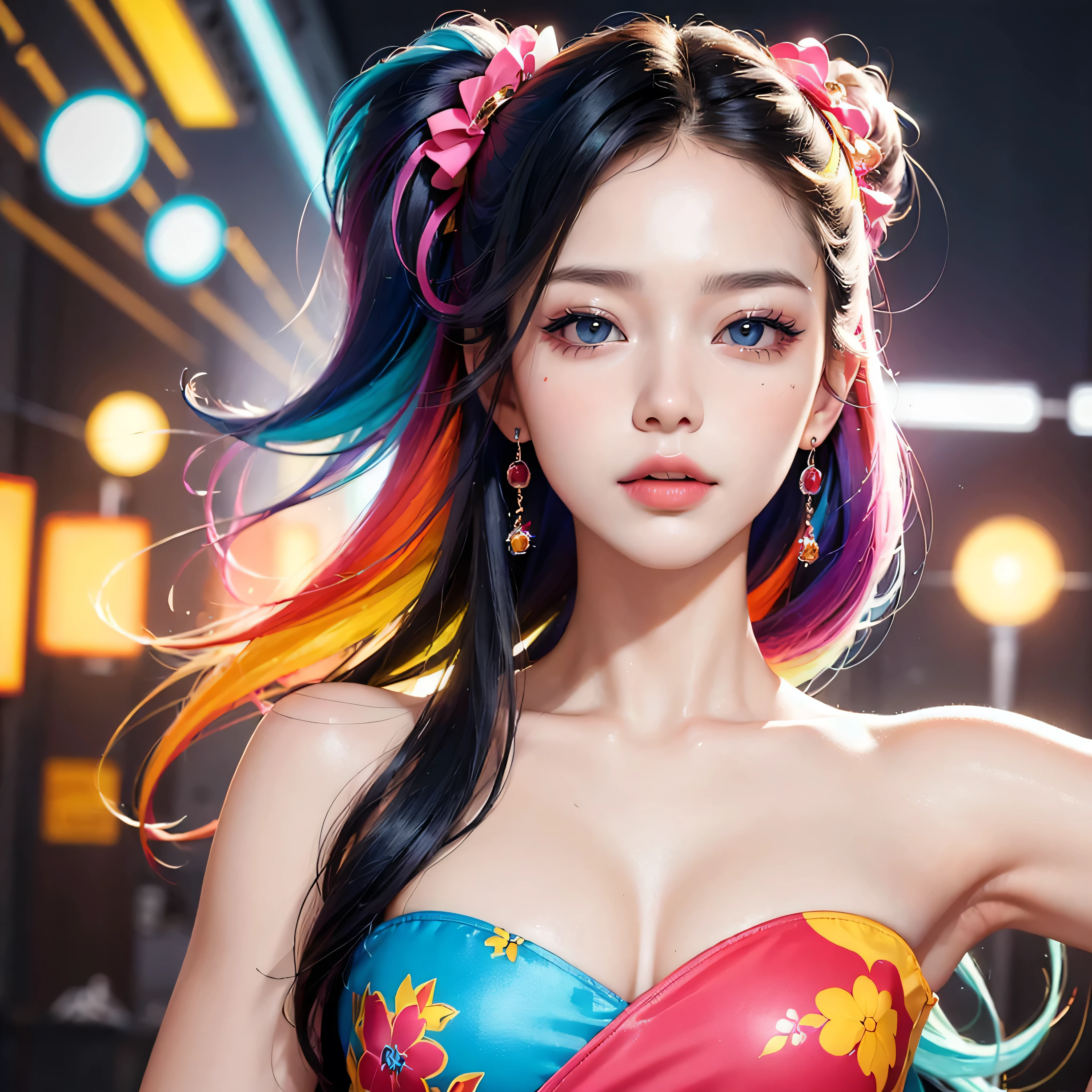 (Best Quality, Masterpiece, Ultra High Definition, High resolution, highly detailed, High Definition Face:1.5), (Vivian Hsu:1.2), 20-year-old woman, 1 beautiful woman, (Neon Color Fashion, colorful fashion, Colorful Style, Vibrant colors:1.3), beautiful eyes, light in the eyes, eyes are in focus, Glossy, very Fair skin, violently fluttering hair, random hair styles, random hair color, Slim