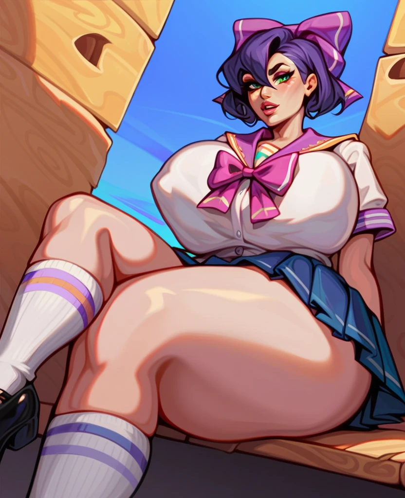 Fraction_9，Fraction_8_Direction_7_Direction_6_Direction_5_Direction_4_up，Green short hair，Green Eyes，Bow tied at the back of the head，Purple and sailor collar，Striped sailor suit，Blue pleated skirt，White socks，leather shoes，Bean Eyebrows，Wide hips，Thick thighs，Huge breasts，Huge ass，There is a bow at the back of the hair，Hair between the eyes，Sexy