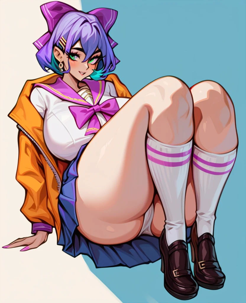 Fraction_9,Fraction_8_Direction_7_Direction_6_Direction_5_Direction_4_up,Green short hair,Green Eyes,Bow tied at the back of the head,Purple and sailor collar,Striped sailor suit,Blue pleated skirt,White socks,leather shoes,Bean Eyebrows,Wide hips,Thick thighs,Huge breasts,Huge ass,There is a bow at the back of the hair,Hair between the eyes,Sexy