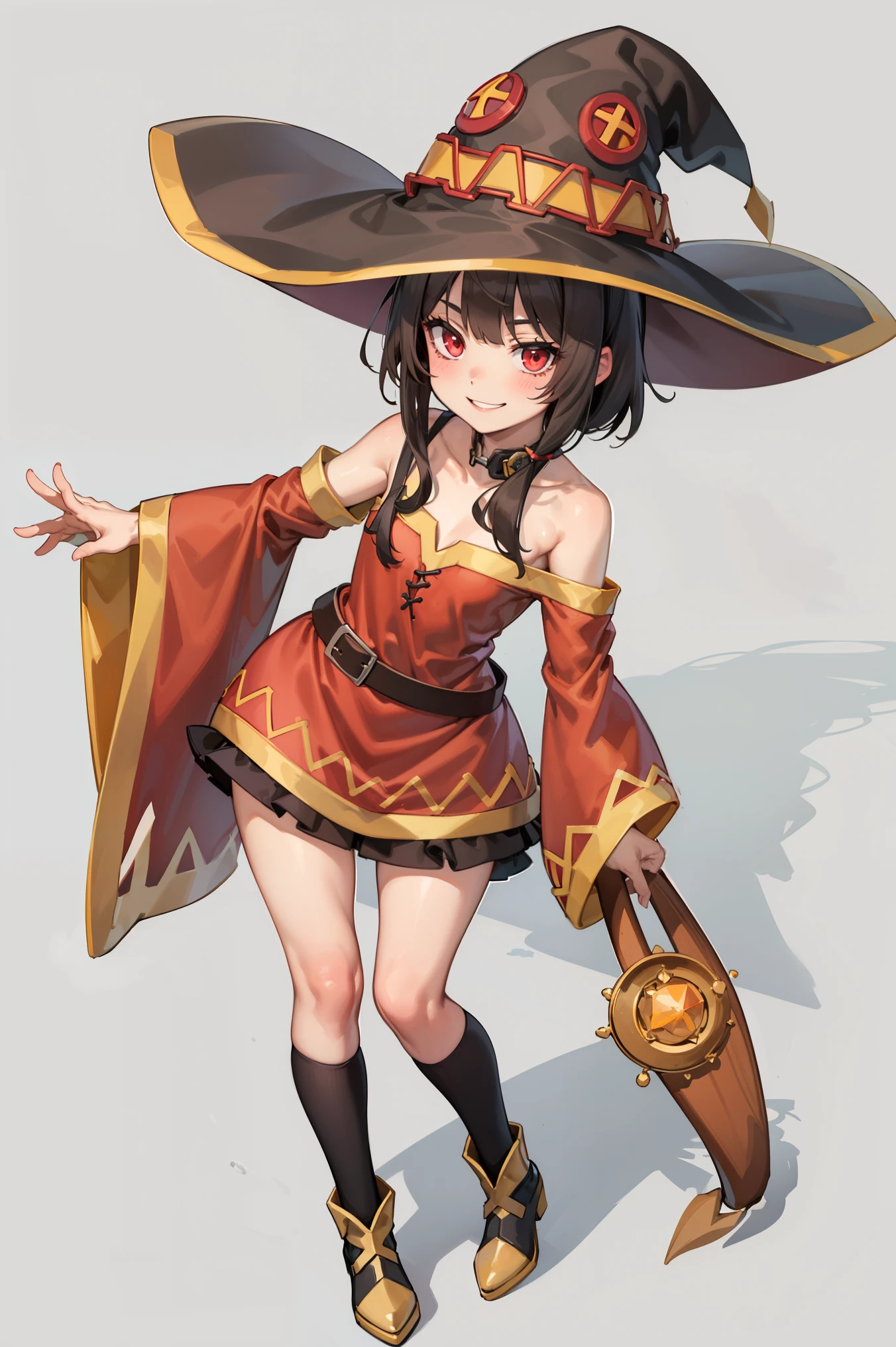 ssmile,whole body, 1 girl, Megumin, witch&#39;s hat, Extremely short red dress, (transparentes, degree of transparency 50%) ,ssmile , adorable face , cowboy shot, 
  About KelvinHiuArt ,flat-colors, ,outline,