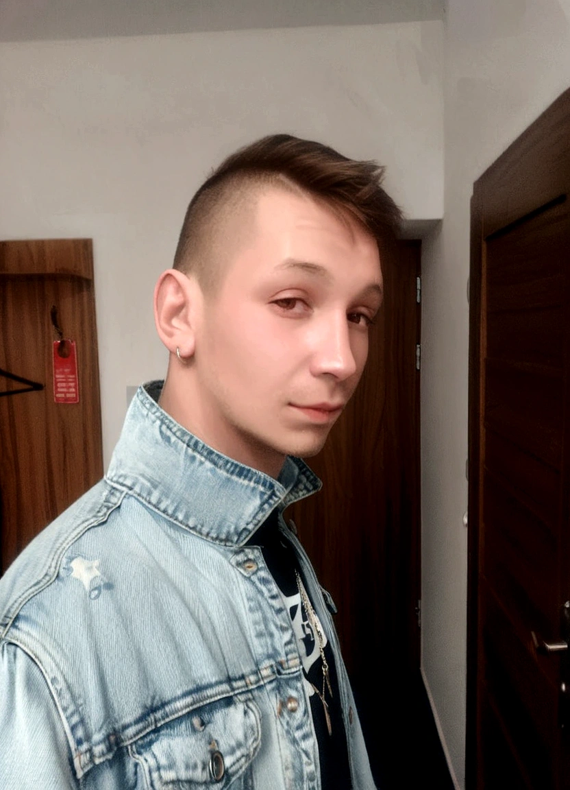 arafed man in a denim jacket and tie standing in a room, twitch streamer / gamer ludwig, around 1 9 years old, profile picture 1024px, daniil kudriavtsev, patryk hardziej, in style of kyrill kotashev, jakub rebelka, kacper niepokolczycki
