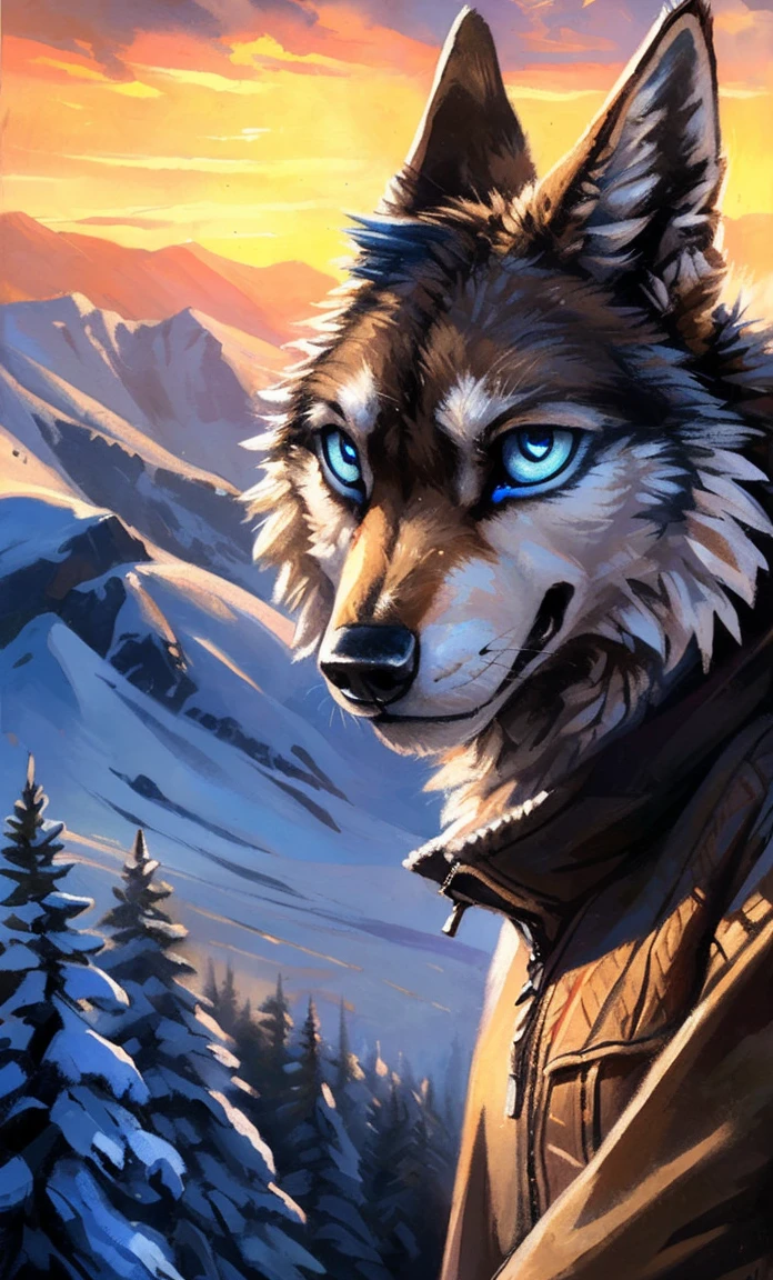 ((Solo)), male people, anthro wolf, (Multi-colored fur, White-brown:1.3,White tail pointed), (Height 2.1m,Tail length 1.2m), ((Wolf face, Big eyes, White eyelids, Blue pupil, Slim:1.2) (Tough, Calm expression:1.2)), Slim, pinging)), (Correct anatomy), (Winter clothing:1.1), The upper body naked, (detailed outfits),A long big tail,Feet,(Realistic fur, Detailed fur texture, labeled:1.3)), (Natural lighting), Photorealistic, Hyperrealistic, ultradetailed, by Kenket,Snowfield,erect through,Running on