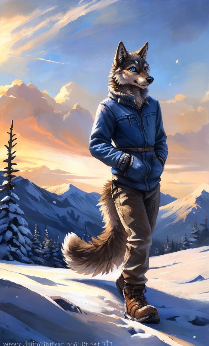 ((Solo)), male people, anthro wolf, (Multi-colored fur, White-brown:1.3，White tail pointed), (Height 2.1m,Tail length 1.2m), ((Wolf face, Big eyes, White eyelids, Blue pupil, Slim:1.2) (Tough, Calm expression:1.2)), Slim, pinging)), (Correct anatomy), (Winter clothing:1.1), The upper body  naked, (detailed outfits),A long big tail，Feet，(Realistic fur, Detailed fur texture, labeled:1.3)), (Natural lighting), Photorealistic, Hyperrealistic, ultradetailed, by Kenket，Snowfield，erect through，Running on
