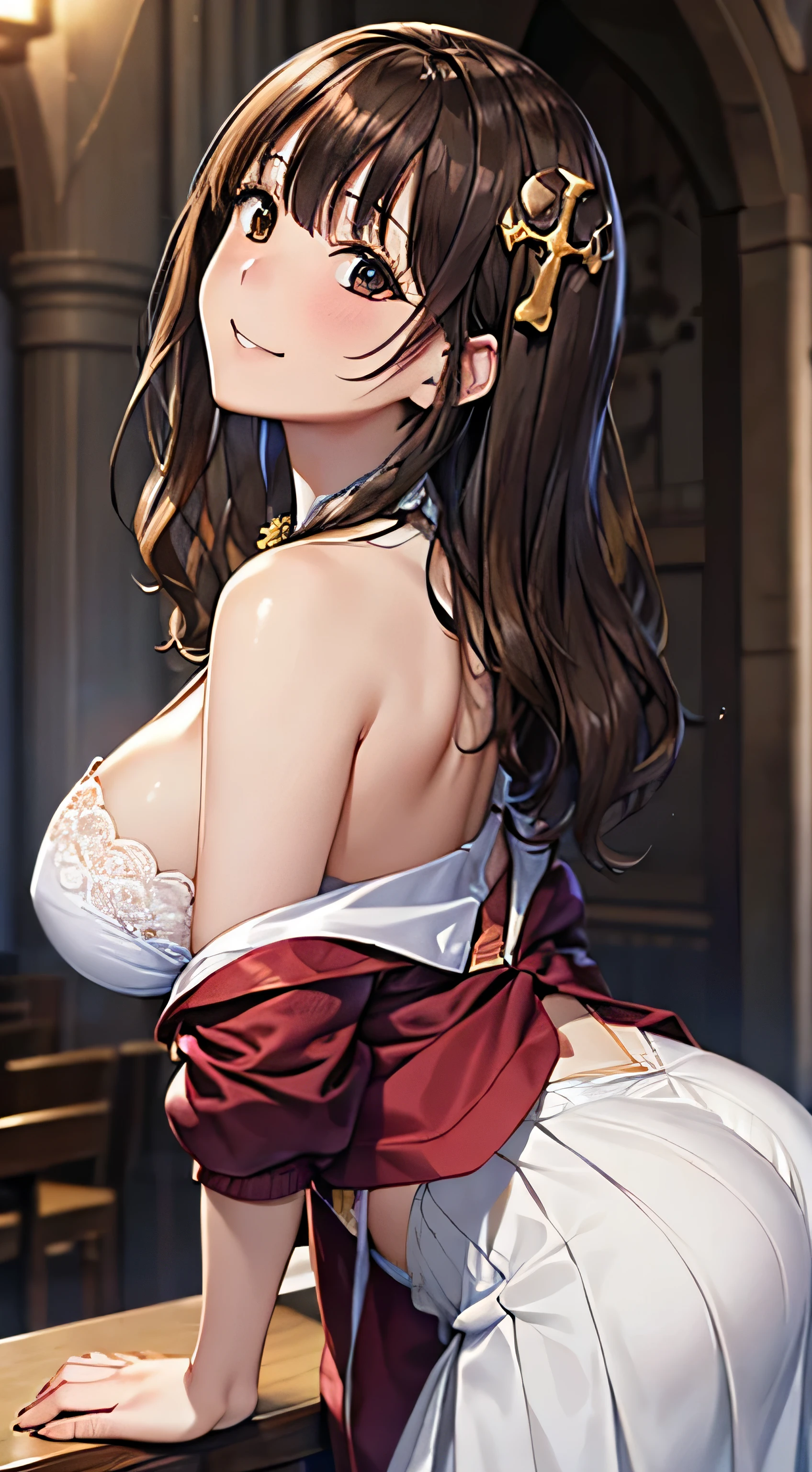 ((Tabletop, Highest quality, High resolution, , Pixel Perfect, 4K,))), 1 female, 、The whole body is visible、 ((Long Wavy Hair, bangs, Brown Hair)), ((Brown eyes, Beautiful eyelashes, Realistic eyes)), ((Detailed face, Blushing:1.2)), ((Smooth texture:0.75, Realistic texture:0.65, Realistic:1.1, Anime CG Style)), Medium sized breasts, Dynamic Angle, Perfect body, (( , , Beautiful Priest、、 Priest off-shoulder jacket、Pleat Long Flare Skirt、、)), Gold Hair Ornament、Cross Necklace、、Very embarrassing panic smile, 、Gorgeous church basilica、、、、Hold a big Bible、、、、Lace panties are visible、Bring your arms together、Stick your butt out、、、 、Angle from below)、