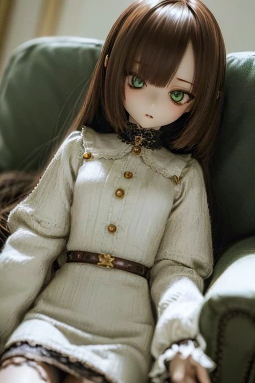 photorealistic, realistic photo, ((highest quality)), ((masterpiece)), extremely detailed, kukolnydom, doll, (woman:1.6), solo, ((cowboy shot)), sitting on sofa, reclining on sofa, skinny, slender, slim, green eyes, brown hair, parted lips, (looking at another, blank eyes, empty eyes, detailed eyes:1.3), dress, castle, 8k