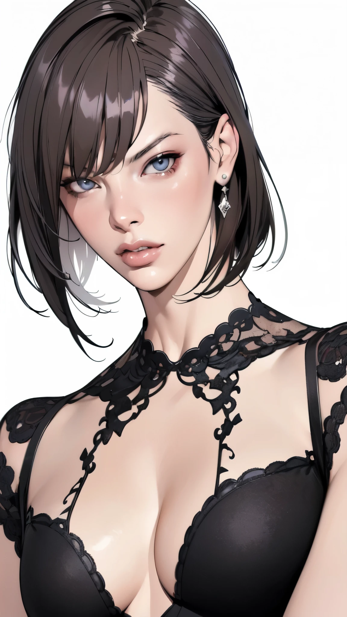 (masterpiece:1.2, Highest quality),8K,wallpaper,(An illustration),(Milla Jovovich), Upper body close-up,front,short hair,Wearing a black dress,Perfect Eyes,Detailed face,,Sexy expression,Cool woman