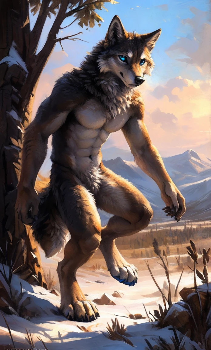 ((Solo)), male people, anthro wolf, (Multi-colored fur, White-brown:1.3,White tail pointed), (Height 2.1m,Tail length 1.5m), ((Wolf face, Big eyes, White eyelids, Blue pupil, Slim:1.2) (Tough, Calm expression:1.2)), Abs, Slim, pinging)), (Correct anatomy), Naked all over the body,A long big tail,Feet,(Realistic fur, Detailed fur texture, labeled:1.3)), (Natural lighting), Photorealistic, Hyperrealistic, ultradetailed, by Kenket,Snowfield,No artifacts, Running on