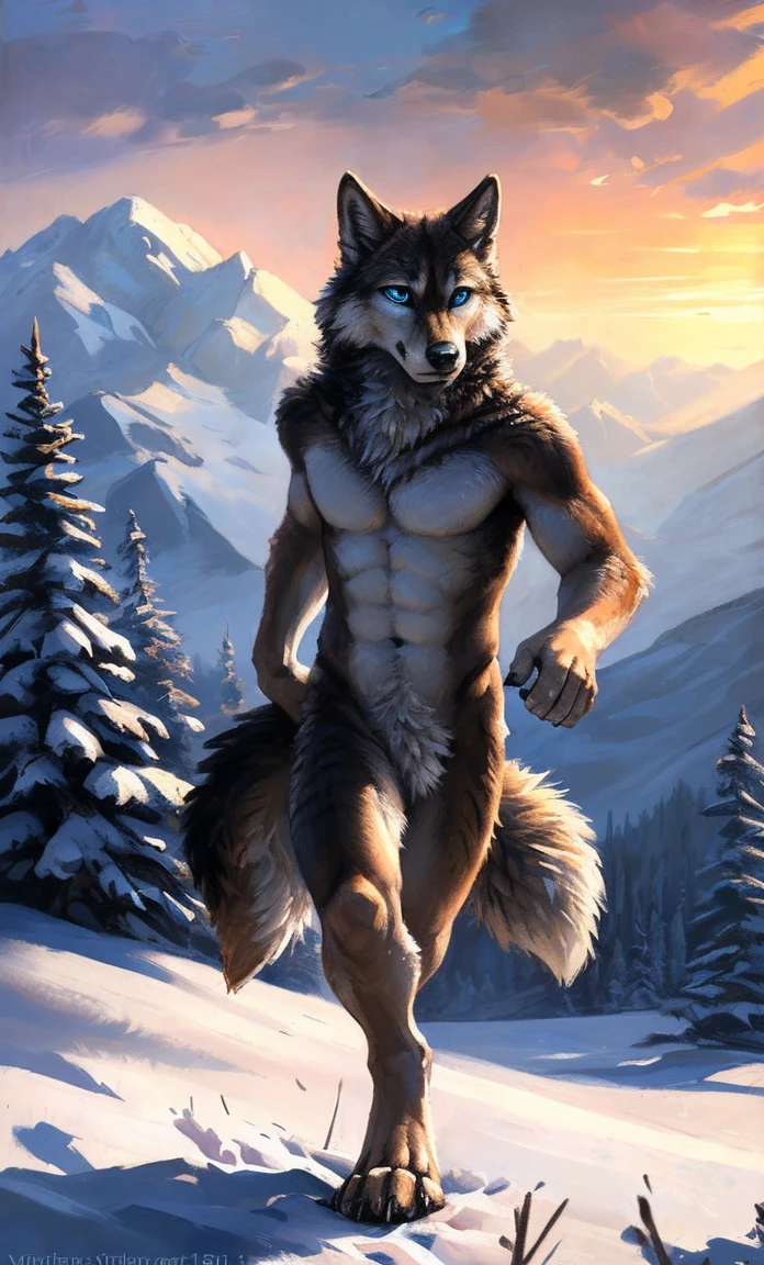 ((Solo)), male people, anthro wolf, (Multi-colored fur, White-brown:1.3,White tail pointed), (Height 2.1m,Tail length 1.5m), ((Wolf face, Big eyes, White eyelids, Blue pupil, Slim:1.2) (Tough, Calm expression:1.2)), Abs, Slim, pinging)), (Correct anatomy), Naked all over the body,A long big tail,Feet,(Realistic fur, Detailed fur texture, labeled:1.3)), (Natural lighting), Photorealistic, Hyperrealistic, ultradetailed, by Kenket,Snowfield,No artifacts, Running on